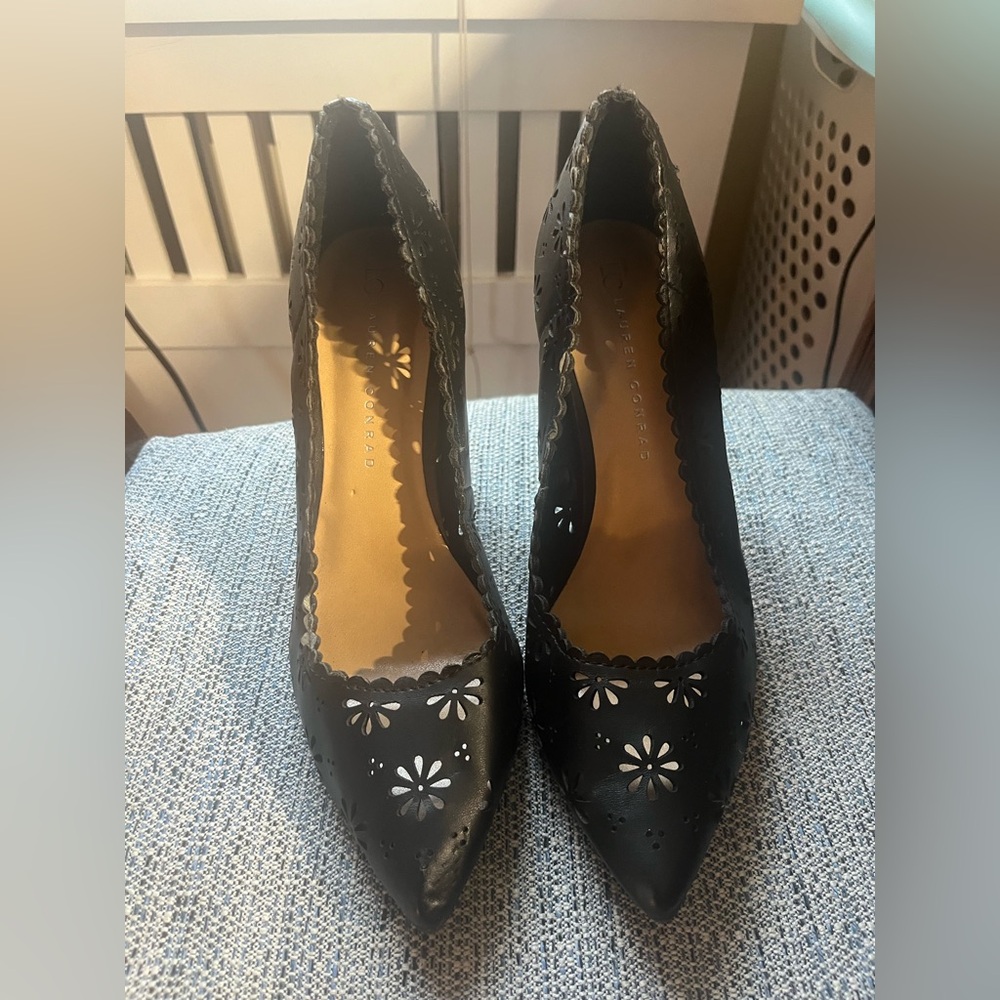 LC Lauren Conrad Black Heels with Floral Cutouts